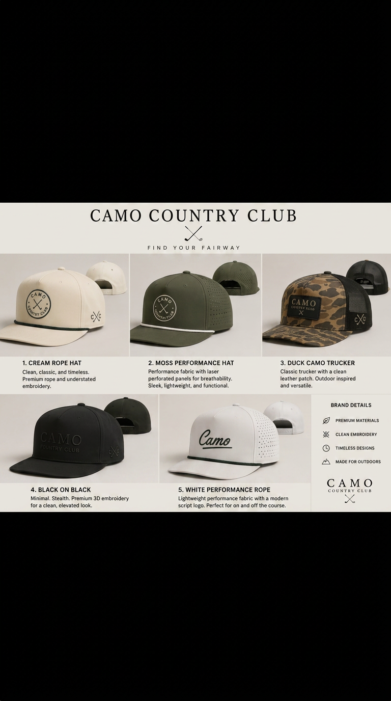 Camo Country Club classic collection: cream rope hat, moss performance hat, duck camo trucker, black on black, and white performance rope hat