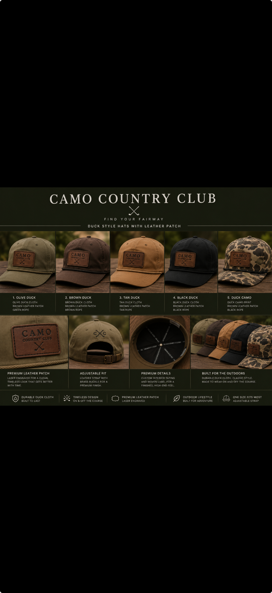 Camo Country Club duck style hats with leather patch collection in olive, brown, tan, black, and duck camo