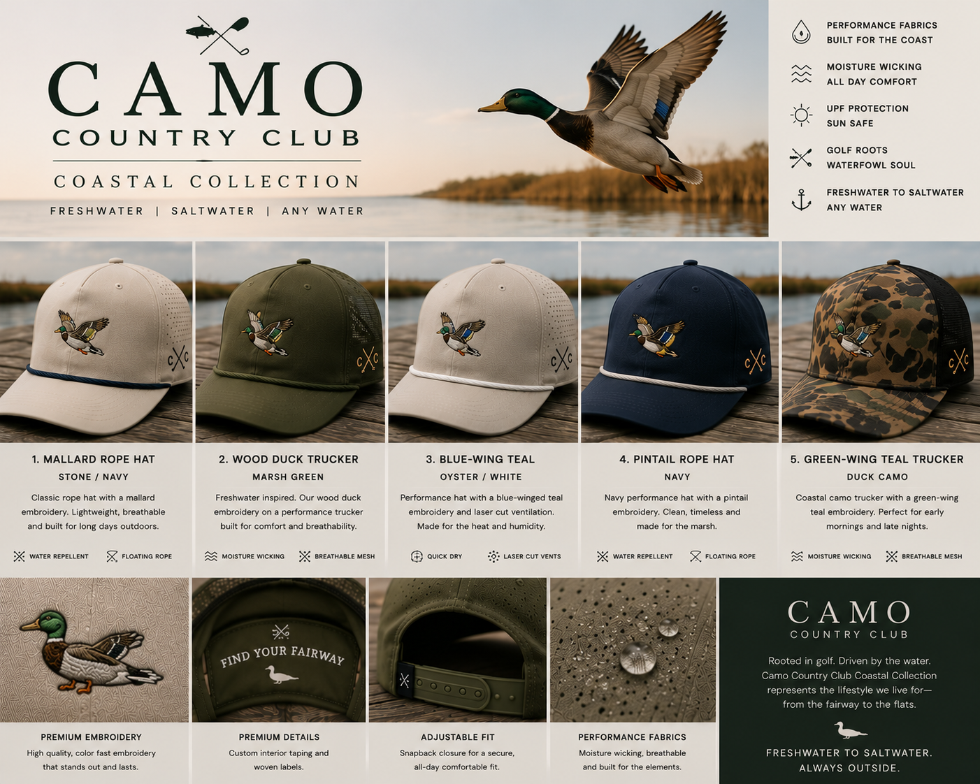 Camo Country Club Coastal Collection waterfowl series with mallard, wood duck, blue-wing teal, pintail, and green-wing teal designs