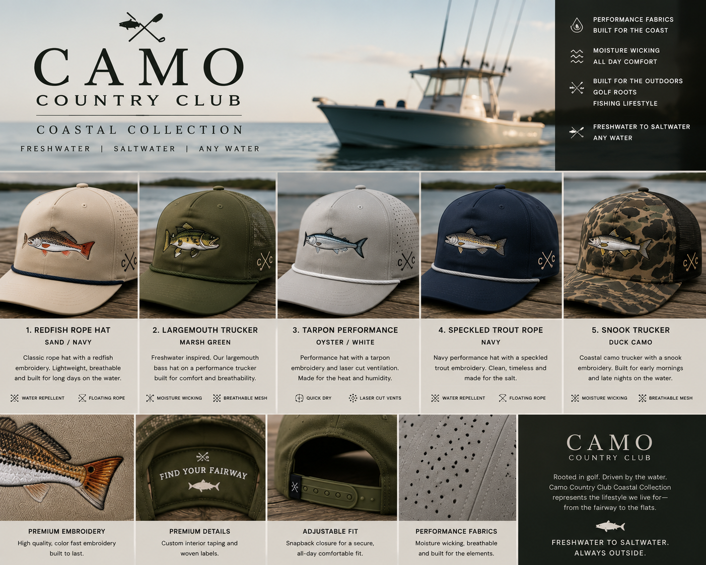 Camo Country Club Coastal Collection fish series with redfish, largemouth bass, tarpon, speckled trout, and snook designs